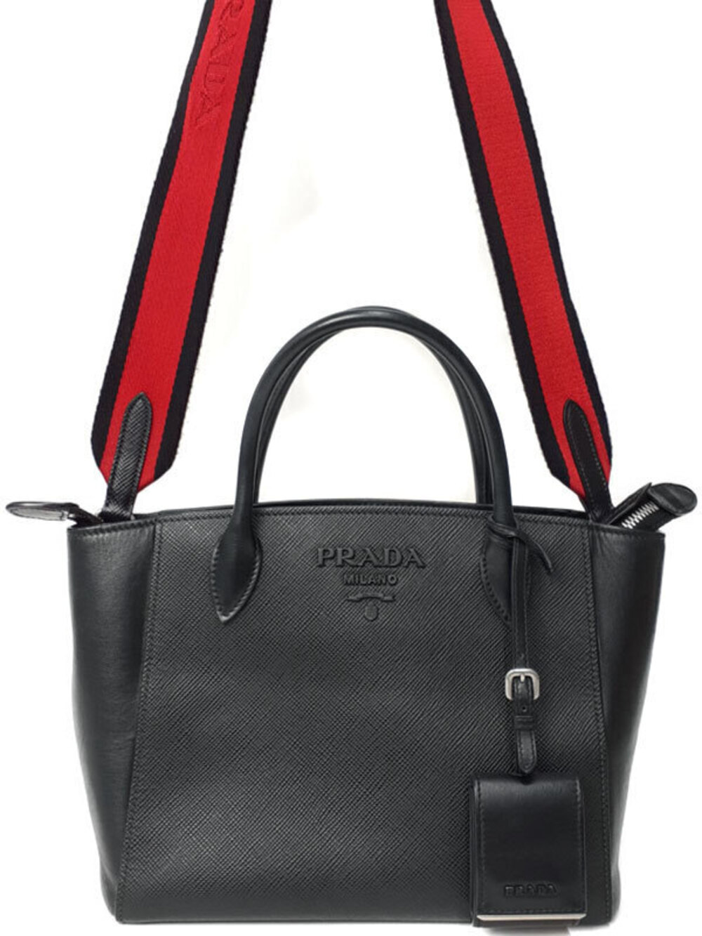 Prada black Saffiano leather monochrome tote bag red black striped